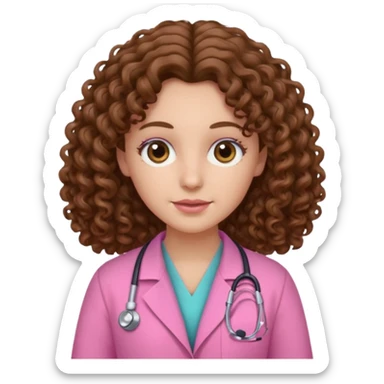 médica, cabelo castanho, pele branca, cabelo cacheado/ondulado, cabelo comprido, roupa rosa sticker