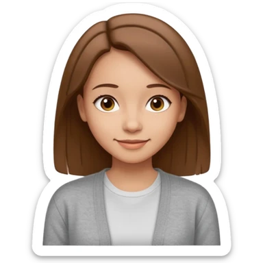 The girl has straight medium-length brown hair, light skin, wearing a white t-shirt and gray cardigan. Gentle smile, friendly neutral expression sticker