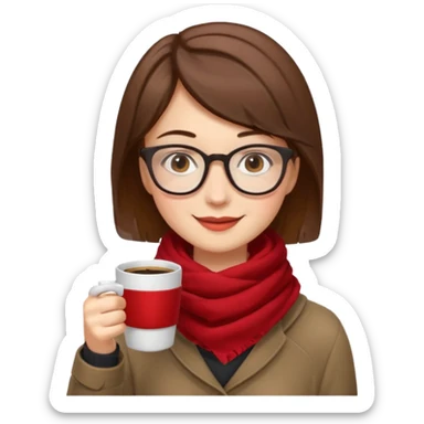 a girl with brown short hair, having red scarf, wearing glasses, drink coffee, enjoy sticker