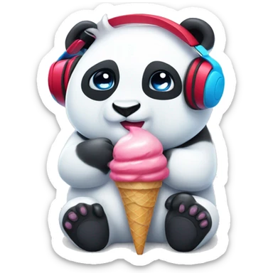 white panda, with red ears, with red, blue, pink headphones, with one button eye, and an ice cream splater on the headphones. sticker
