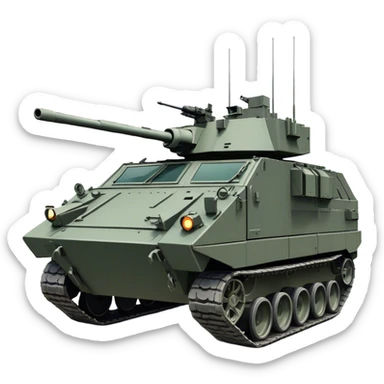 Stryker M1126 (2020) – Cinematic-realistic Stryker M1126 armored personnel carrier, its dark grey-green hull speeding down a war-torn street. The eight large wheels grip the cracked pavement as infantry hunker inside, the turret-mounted .50 cal machine gun scanning rooftops for threats under the eerie glow of distant fires. sticker