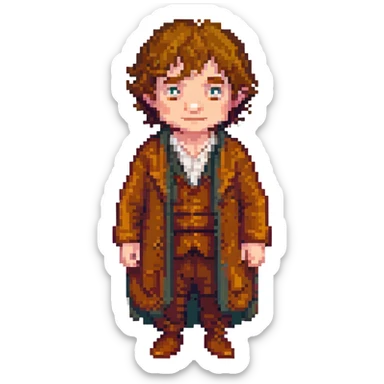 Whole body image of bilbo baggins from the lord of the rings  in pixel art style and formatted to fit emoji size for later adding to slack app sticker