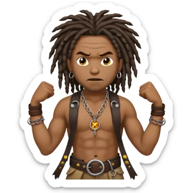 a angry black man with dreads and a circle pendant chain to the side slanging back and forth a belt sticker