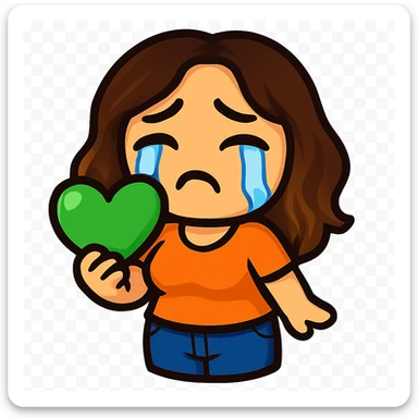 Sticker style chibi emote, matching the attached green heart emote as a base, but with a slightly skinnier body and a bigger chest. Woman from reference, orange t-shirt and blue jeans, crying with big tears, cute sad face, no headband, no wand, transparent background. Top color should not match jeans. sticker