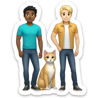 Gay male couple Latino Black hair male and Australian blonde hair male , with a cat in the middle sticker