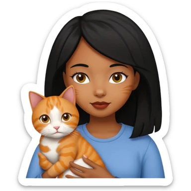 Black girl with black hair holding ginger cat sticker