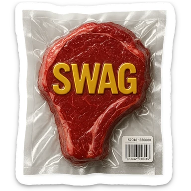 steak with gold lettering 'SWAG' on top, glossy and puffy vacuum-sealed style sticker