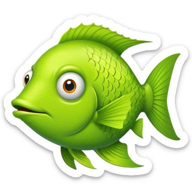 bright lime green fish shown in absolute side profile, one eye only, facing directly to the right, flat 2D view like a playing card, goofy derpy expression sticker