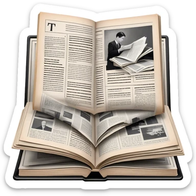 Icon for Non-Fiction & Narrative Reading: an open book with black-and-white photos on the pages, surrounded by a pile of newspaper clippings, and an open folder with top-secret documents. The icon should reflect the blend of real stories and facts in non-fiction literature. Transparent background. sticker