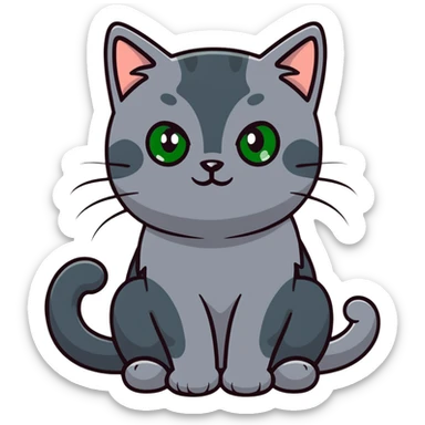 Elegant gray cat with smooth fur, large green eyes, serene expression, sitting facing camera sticker