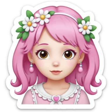 A girl with pink and white hair, adorned with flowers as hair accessories, wearing My Melody clothing. sticker