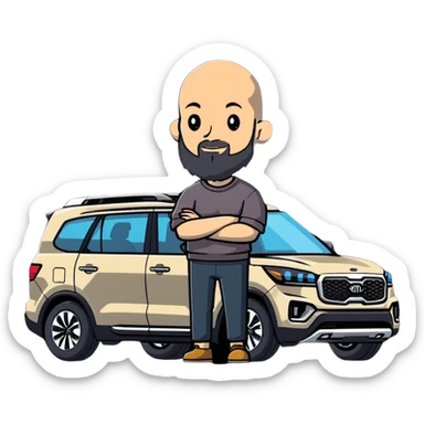 bald man with beard standing next to a Kia Mohave SUV sticker