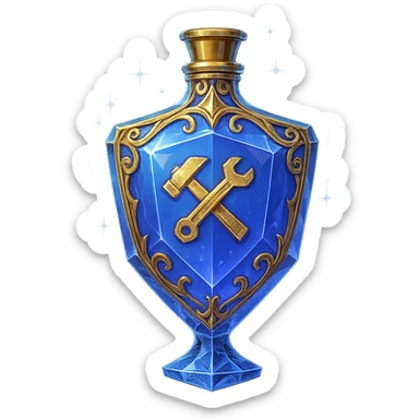 crystal luxurious elixir bottle in shield shape, color #7986cb, with 🛠 symbol on the bottle, lots of shining, edges, ornaments, golden details, magical effects, very small golden neck, transparent background, beautiful seamless bottom, bottle clearly floating in air, no base or shadow, very luxurious, modern, matching a collection sticker