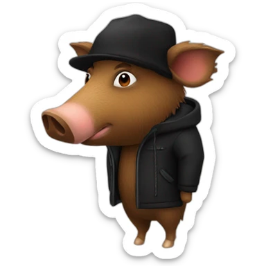 a wild tired brown boar in a black jacket and a black winter hat sticker