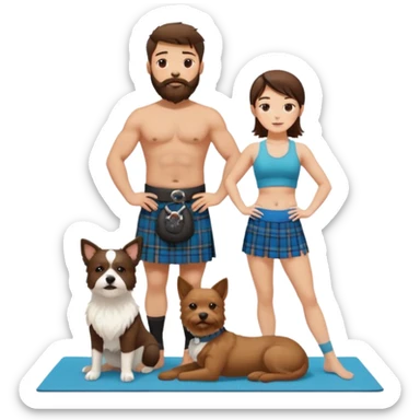 emoji of brunette man with beard wearing kilt, brunette woman in yoga outfit and one white fluffy dog sticker