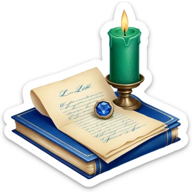 A charming still life of a love blletter sealed with a deep green wax stamp, placed beside a vintage glass candle in sapphire blue. sticker