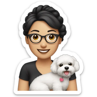woman-black hair-bun-with glasses-with bichon dog-white-smile sticker