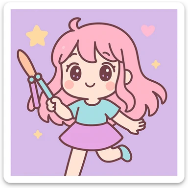 Add a lilac background behind the cute anime girl happily playing with a balisong, keep the kawaii style. sticker