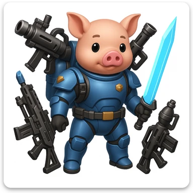 Add more sci-fi weapons to the pig Helldiver, such as futuristic rifles, energy swords, or grenade launchers, in the style of emoji (apple style emojis). sticker