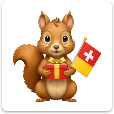 realistic squirrel holding a yellow gift box in one hand and a red Swiss flag in the other, both objects clearly visible, simple white background, the gift is a different color from the flag sticker