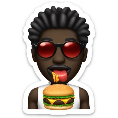 Dark skin black guy with black dreadlocks and big lips and red lip stick with black sunglasses shades on face eating a burger  sticker