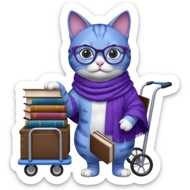 Purple and blue cat with reading glasses and a shawl, standing behind a cart full of books sticker