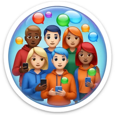 Multiple people inside colorful transparent bubbles (blue, red, orange, green), each using a smartphone or laptop. The people are in casual clothing, and the background is a simple cityscape with soft lighting. Emoji-style, clean and modern design. sticker