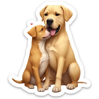 American bully and Golden Labrador retriever hug. Hearts are flying around them  sticker