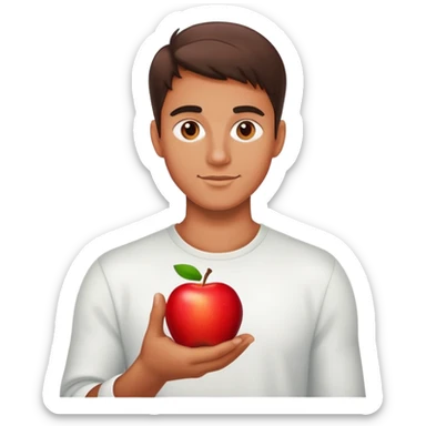 tanned man 20s holding apple sticker