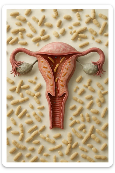 utero umano realistico con batteri della candida intorno, la foto si deve vedere per intero in formato verticale, sullo sfondo neutro chiaro ci sono batteri della candida, iperrealistico 4k sticker