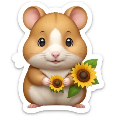 A small 3D cartoon hamster holding a sunflower seed, chubby cheeks, soft brown and white fur, bright eyes, friendly expression, soft warm lighting, Memoji-style. sticker
