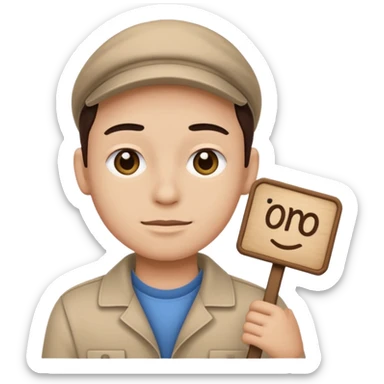 a single 2D line-drawn character + small detailed shop sticker