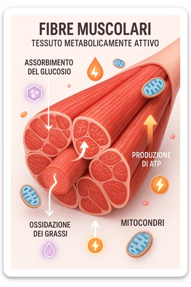 a highly detailed cross-section of human skeletal muscle fibers, shown in vibrant red and pink tones, with visible striations and realistic texture. Glowing arrows and animated icons represent active metabolic processes—such as glucose uptake, fat oxidation, and ATP production—occurring within the muscle tissue. Surrounding the muscle, floating symbols for mitochondria and energy highlight its metabolic activity. The background is clean and clinical, with subtle labels and infographics explaining that muscle is a metabolically active tissue. The overall style is modern, scientific, and visually engaging, suitable for educational or medical use. in italiano sticker