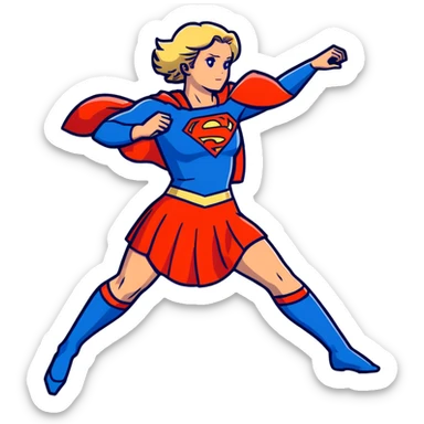 Supergirl in classic costume, full body view showing blue tights, red skirt, and cape with S symbol sticker
