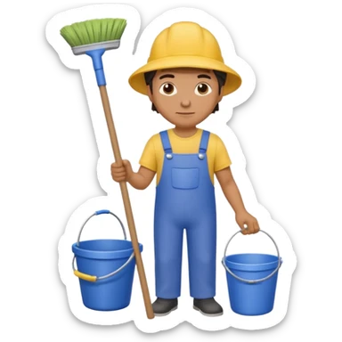 man in cleaning clothes, holding a broom and a bucket sticker