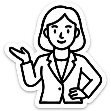 make the businesswoman's pose more expressive, such as a confident hand on hip or gesturing, keep brunette hair, white skin, elegant suit, same icon style sticker