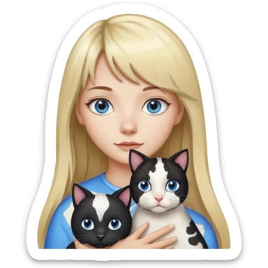 One  cat black and white stain like a cow in the arms of long blond hair girl with bangs and blue eyes sticker