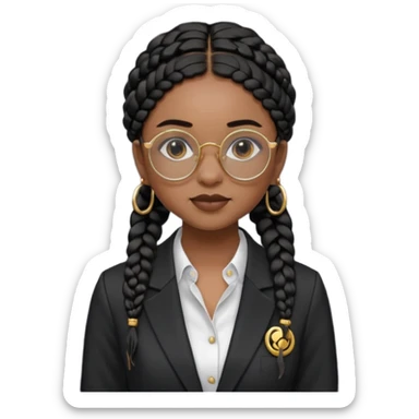 a young woman wearing fine gold round glasses and black hair in braids, she has light black skin, she's wearing cool professional clothes sticker