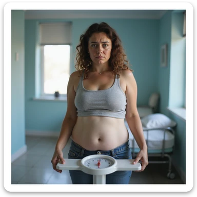 woman with PCOS weighing herself on a scale, worried face, slightly overweight body, clinical environment, hyperrealistic 4K details sticker