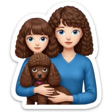 Kobieta w białej koszuli, z długimi brązowymi włosami z grzywką i niebieskimi oczami trzyma na rękach jednokolorowego, brązowego pudla. sticker