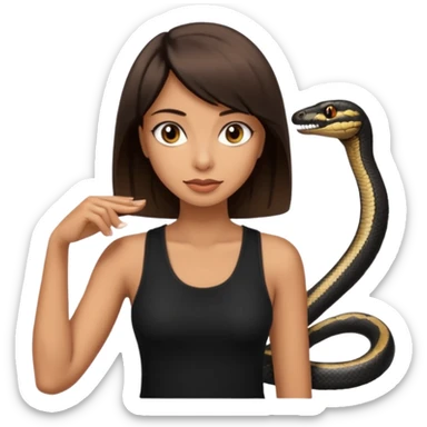 Femme brune yeux marron avec une coupe carré noir qui descend sur l'épaule , femme couleur de peau typé, avec un cobra a côté , débardeur noir sticker