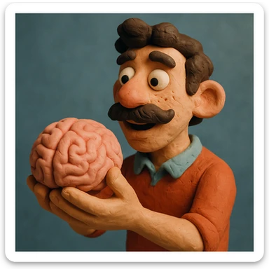 Enhance the claymation man holding a brain by adding more depth and dimension to the image. Make him more attractive and quirky, inspired by the first version, with dark curly hair, thick mustache, light skin, freckles, more movement, claymation style, visible fingerprints, and pastel colors. sticker