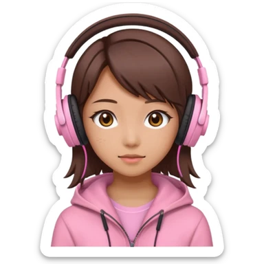 a japanese girl with brown layered cut hair. she has dark brown eyes, and has a cute super light pink gaming headphones sticker