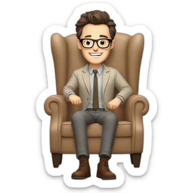 Joyful thrumbs up Pale skinned Fit Man With dark brown hair in gray jacket, beige office shirt, Brown pants and vintage glasses sitting In a soft chair sticker