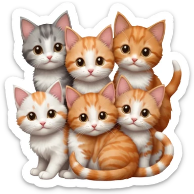 6 tiny kittens cuddling together all different colours, the first one is grey and white, the second is ginger and white and the third is brown tabby and white sticker