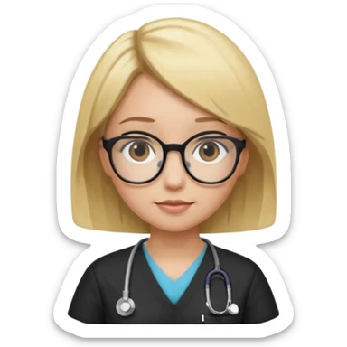 A girl in black scrubs with a blonde bob and glasses no stethoscope  sticker
