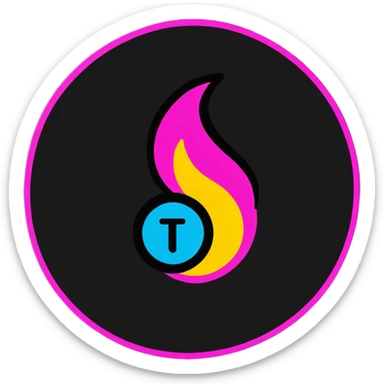 Minimalist sticker with white 'tt' letters on a black circle with cyan, magenta, and yellow dots below, fire emoji with street style influence sticker