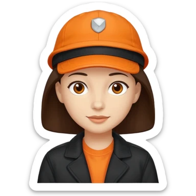 Kindly Keyin with dark brown hair, orange cap and shirt, black jacket sticker