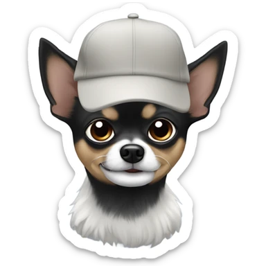 Old man with blue eyes goatee beard ball cap holds cute black long fur Chihuahua sticker