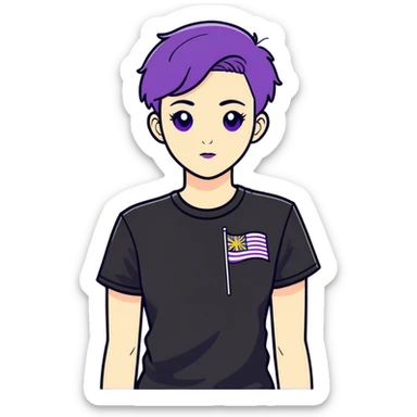 Androgynous person with short purple hair wearing a non-binary flag T-shirt  sticker